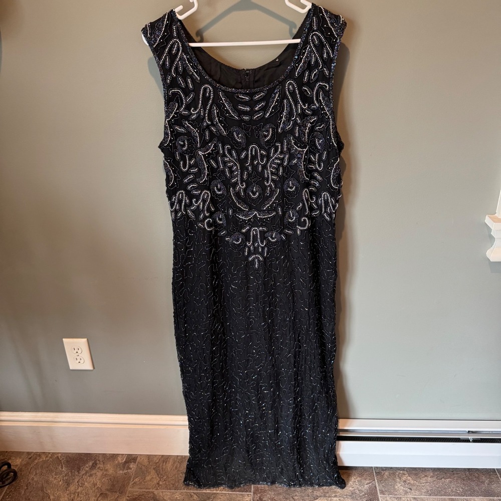 Vintage Beaded Whimsigoth Silk Maxi Dress Black Silver Iridescent Formal Gown - Picture 1 of 16